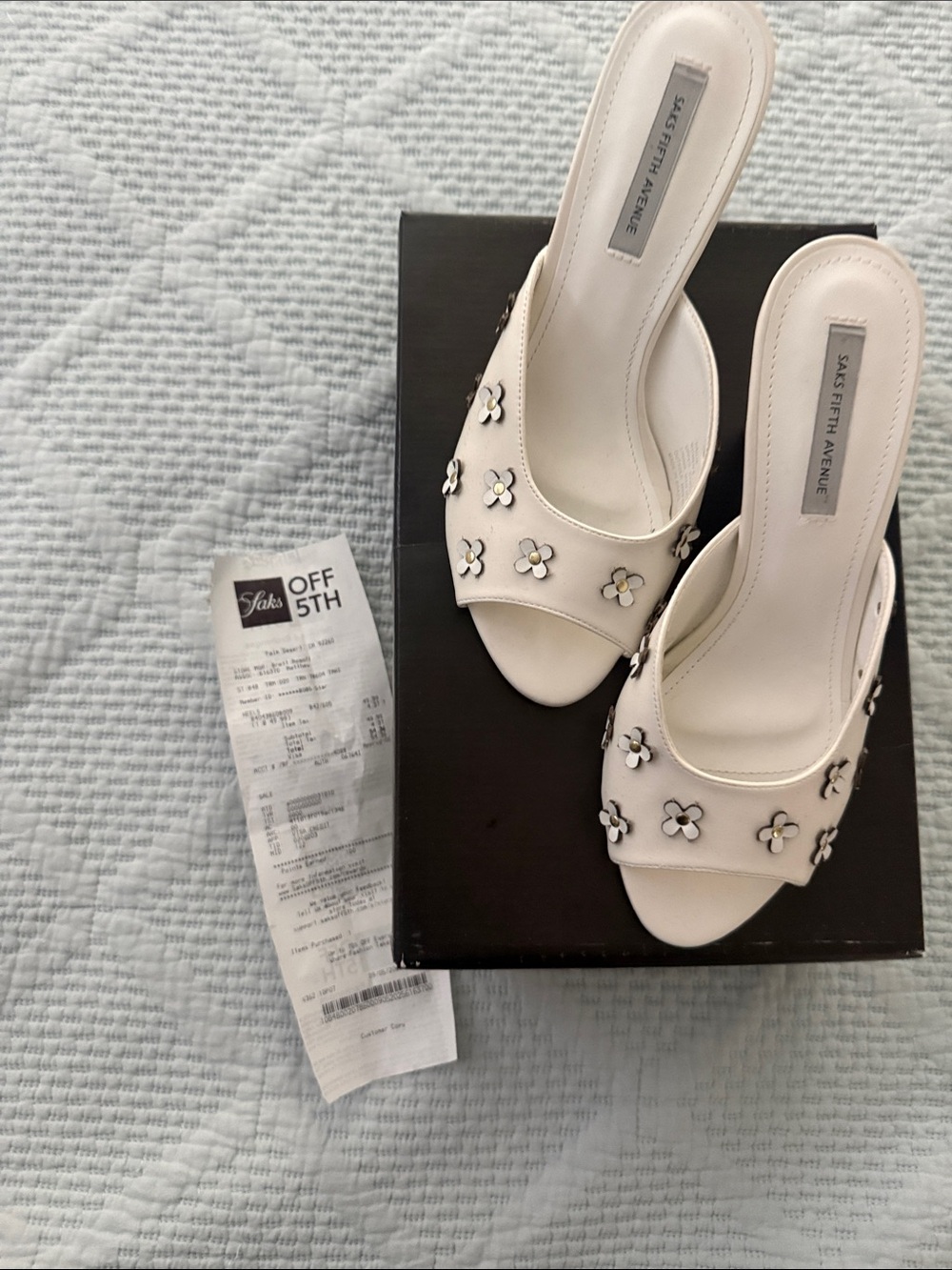 Saks Fifth Avenue Cream Floral Appliqué Slide Heels